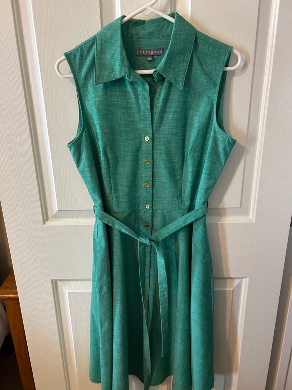 Sharagano Sleeveless Teal Shirt Dress with Tie Waist